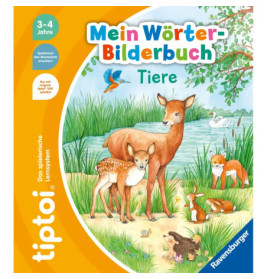 Cover eines Tierlexikons für Kinder mit Reh, Vögeln und weiteren Tieren in einer Waldlichtung.