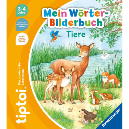 Cover eines Tierlexikons für Kinder mit Reh, Vögeln und weiteren Tieren in einer Waldlichtung.