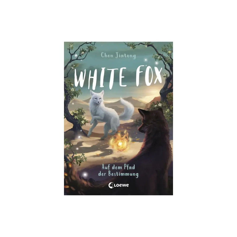 Buchcover von White Fox mit einem weißen und einem dunklen Fuchs im Wald, umgeben von leuchtenden Kugeln und Laternen.