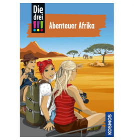 Drei Mädchen beobachten auf einer Safari in Afrika Tiere mit Kameras, im Hintergrund Berge und weitere Tiere.