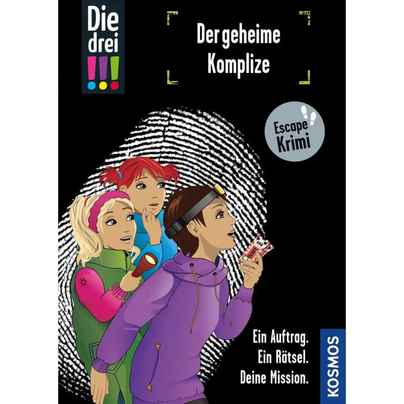 Drei Mädchen ermitteln mit Geräten vor einem Fingerabdruck deutscher Text und Escape Krimi-Logo sind zu sehen. Drei Mädchen ermitteln mit Geräten vor einem Fingerabdruck deutscher Text und Escape Krimi-Logo sind zu sehen.