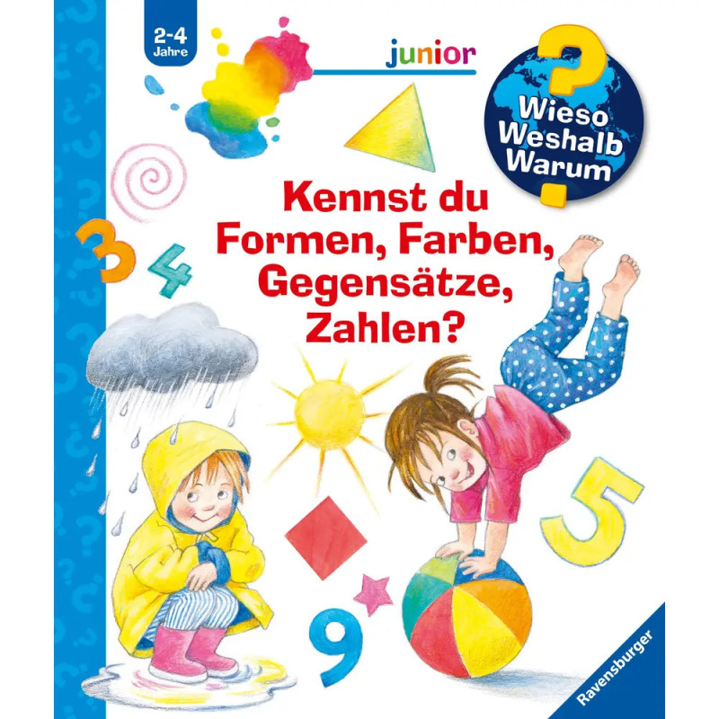 Kinder spielen mit Formen, Farben und Zahlen auf dem Cover eines deutschen Lernbuchs für 2- bis 4-Jährige. Kinder spielen mit Formen, Farben und Zahlen auf dem Cover eines deutschen Lernbuchs für 2- bis 4-Jährige.