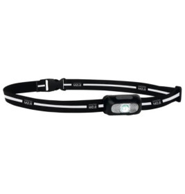 Schwarze LED-Stirnlampe mit verstellbarem elastischem Band, Aufdruck EXPLORER NATUR auf dem Gurt.