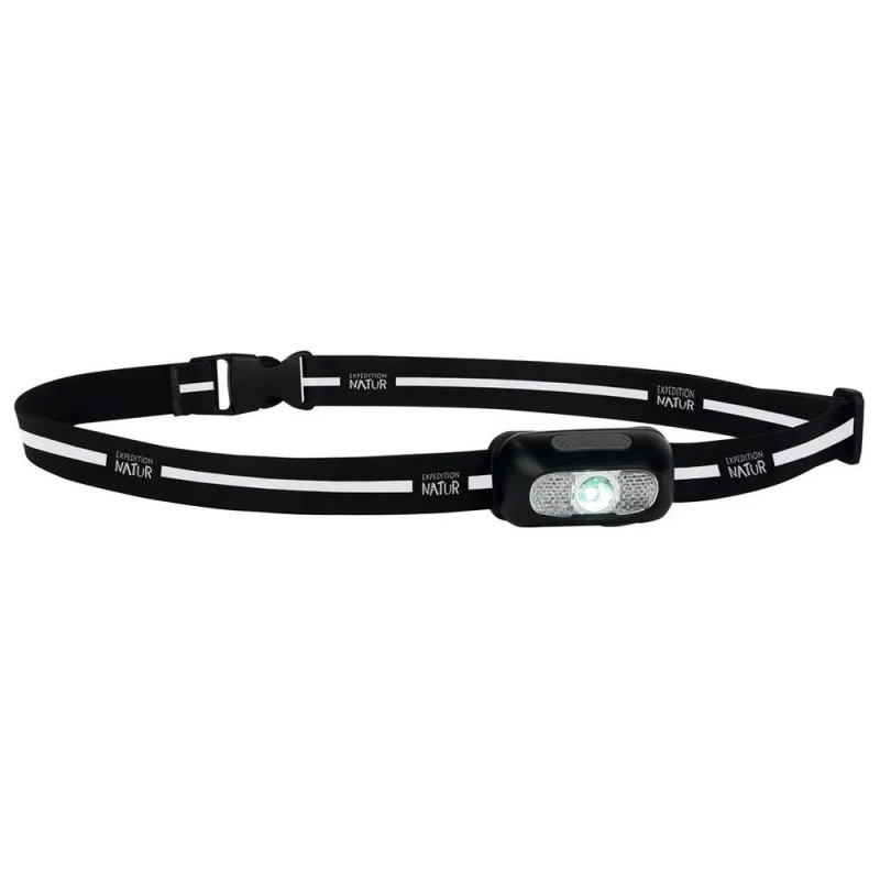 Schwarze LED-Stirnlampe mit verstellbarem elastischem Band, Aufdruck EXPLORER NATUR auf dem Gurt. Schwarze LED-Stirnlampe mit verstellbarem elastischem Band, Aufdruck EXPLORER NATUR auf dem Gurt.