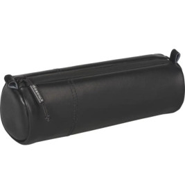 Schwarzes, zylindrisches Etui aus lederähnlichem Material mit Reißverschluss auf weißem Hintergrund.