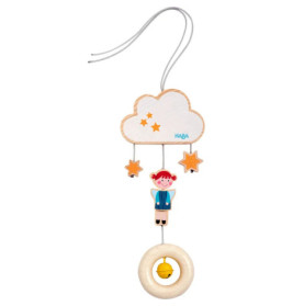 Holzmobil mit einer Wolke, Sternen, einer lächelnden Kinderfigur und einem Ring mit Glocke darunter.