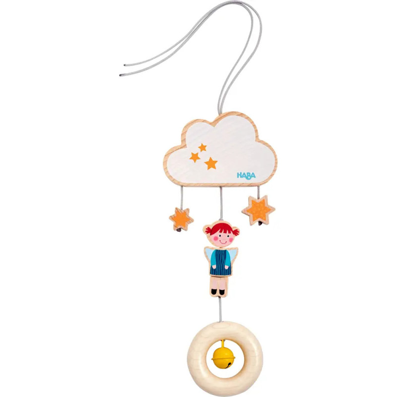 Holzmobil mit einer Wolke, Sternen, einer lächelnden Kinderfigur und einem Ring mit Glocke darunter. Holzmobil mit einer Wolke, Sternen, einer lächelnden Kinderfigur und einem Ring mit Glocke darunter.