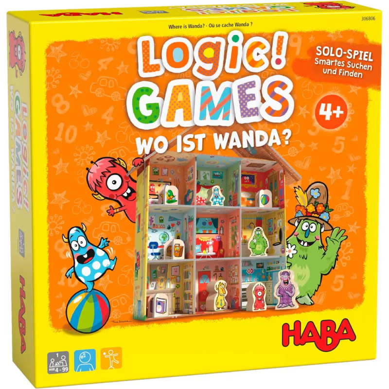 HABA-Spiel Wo ist Wanda? mit bunten Cartoon-Monstern und einem farbenfrohen Puppenhaus auf der Verpackung. HABA-Spiel Wo ist Wanda? mit bunten Cartoon-Monstern und einem farbenfrohen Puppenhaus auf der Verpackung.