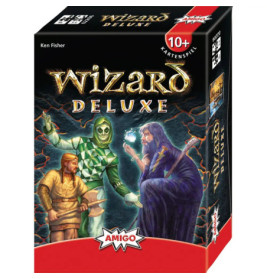 Box des Wizard Deluxe Kartenspiels mit Ritter, Zauberer und Narr vor stürmischem Hintergrund.