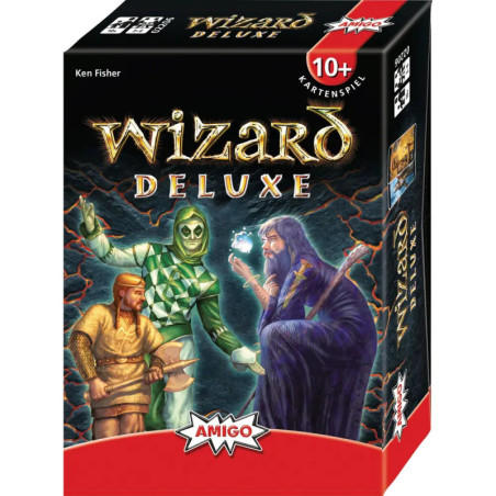 Box des Wizard Deluxe Kartenspiels mit Ritter, Zauberer und Narr vor stürmischem Hintergrund. Box des Wizard Deluxe Kartenspiels mit Ritter, Zauberer und Narr vor stürmischem Hintergrund.