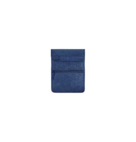 Dunkelblaues Etui mit geometrischen Mustern, zwei Fächern und Reißverschluss vor weißem Hintergrund.