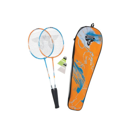 Zwei Badmintonschläger, ein Federball und eine orange Tragetasche mit blau-weißem Muster. Zwei Badmintonschläger, ein Federball und eine orange Tragetasche mit blau-weißem Muster.