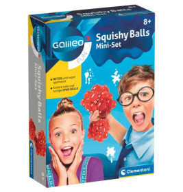 Zwei erfreute Kinder mit einem roten Squishy-Ball auf der Verpackung des Galileo Squishy Balls Mini-Sets ab 8 Jahren.