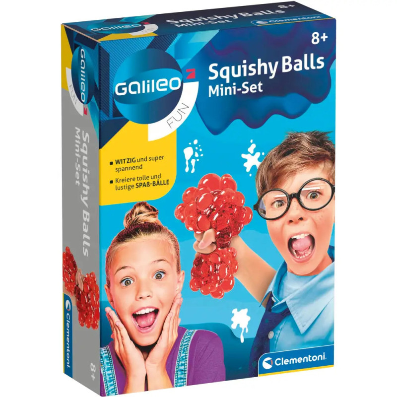 Zwei erfreute Kinder mit einem roten Squishy-Ball auf der Verpackung des Galileo Squishy Balls Mini-Sets ab 8 Jahren.