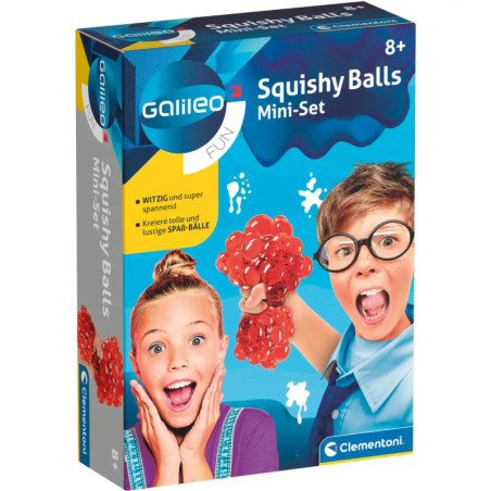 Zwei erfreute Kinder mit einem roten Squishy-Ball auf der Verpackung des Galileo Squishy Balls Mini-Sets ab 8 Jahren.