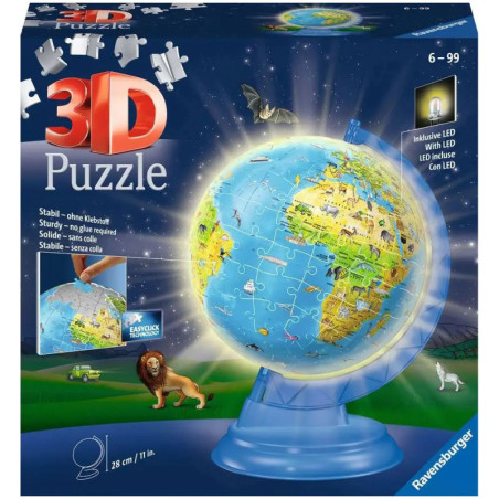 3D-Globus-Puzzle mit Tiermotiven und LED-Beleuchtung, für 6-99 Jahre, von Ravensburger.