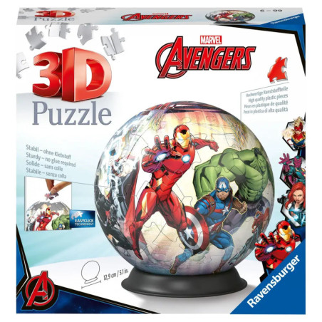 Box eines 3D-Puzzles mit Marvel Avengers Figuren wie Iron Man, Hulk und Captain America.