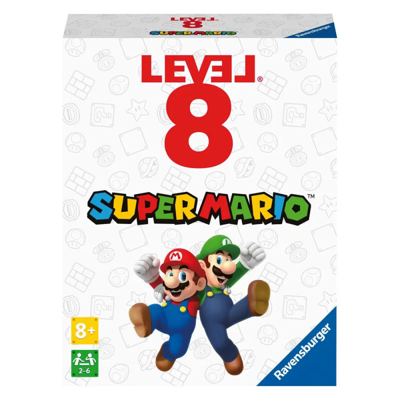 Level 8 Super Mario Kartenspiel-Box mit springenden Mario und Luigi, ab 8 Jahren, von Ravensburger.