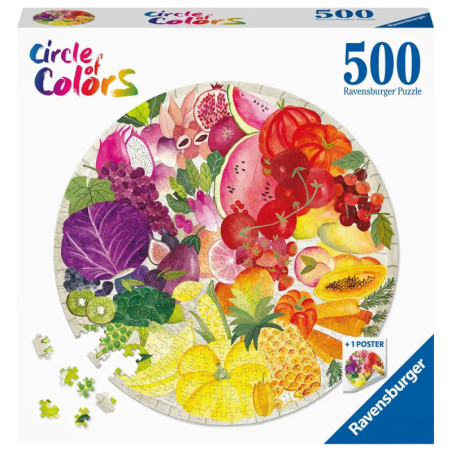 500-teiliges Ravensburger Puzzle mit einer runden Collage aus buntem Obst und Gemüse.