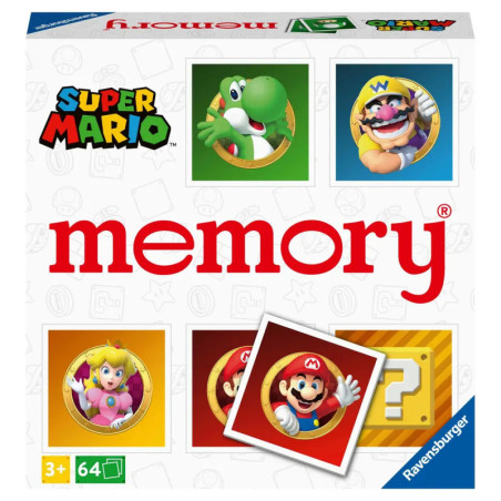 Super Mario Memory-Spiel mit Mario, Yoshi, Wario, Peach und einem Fragezeichen-Block auf der Verpackung. Super Mario Memory-Spiel mit Mario, Yoshi, Wario, Peach und einem Fragezeichen-Block auf der Verpackung.