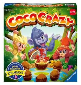 Bunte Brettspielbox Coco Crazy mit Comic-Affen, Kokosnüssen und Dschungelhintergrund.