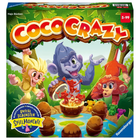 Bunte Brettspielbox Coco Crazy mit Comic-Affen, Kokosnüssen und Dschungelhintergrund.