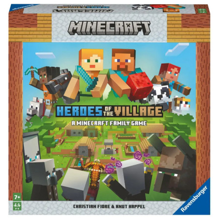 Minecraft Heroes of the Village Brettspielschachtel mit Figuren und Tieren über eine Dorfszene.