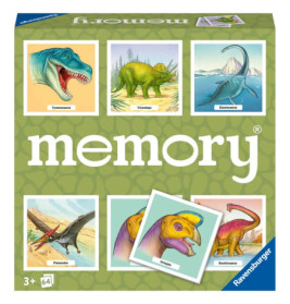 Schachtel eines Dinosaurier-Memoryspiels mit illustrierten Dino-Karten auf grünem Hintergrund.