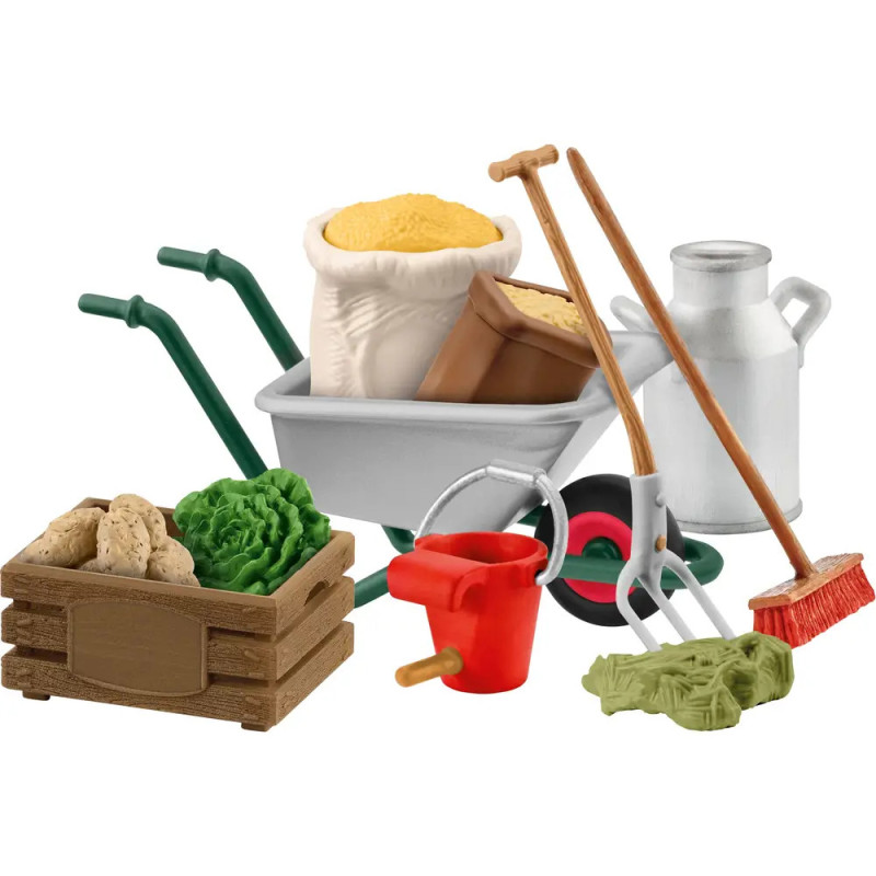 Spielzeug-Gartenset mit Schubkarre, Gemüsekiste, Sack, Milchkann, Werkzeugen und Eimer. Spielzeug-Gartenset mit Schubkarre, Gemüsekiste, Sack, Milchkann, Werkzeugen und Eimer.
