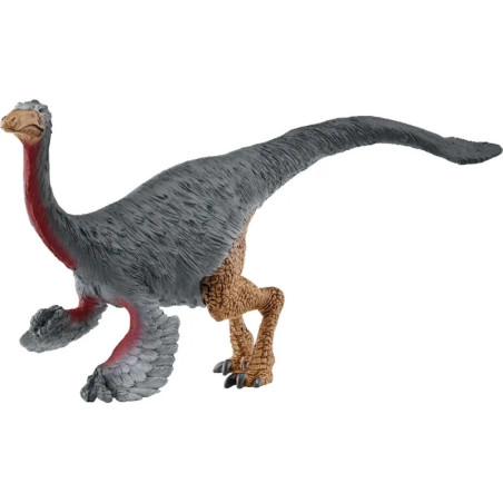 Gefiederte Dinosaurierfigur mit langem Schwanz, grauem Körper und braunen Beinen.
