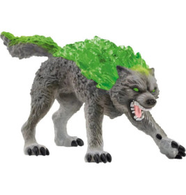 Graue Wolfsfigur mit leuchtenden grünen Augen und durchsichtigen Kristallen auf dem Rücken, fletscht die Zähne.