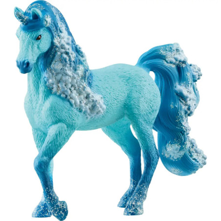 Blaue Einhornfigur mit glitzernder Mähne und Schweif, verziert mit weißen und silbernen Akzenten.