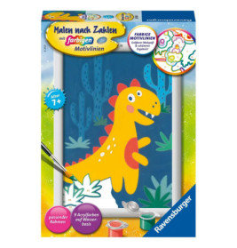 Malen-nach-Zahlen-Set mit gelbem Dinosaurier, Kaktushintergrund und abgebildeten Farbtöpfchen.