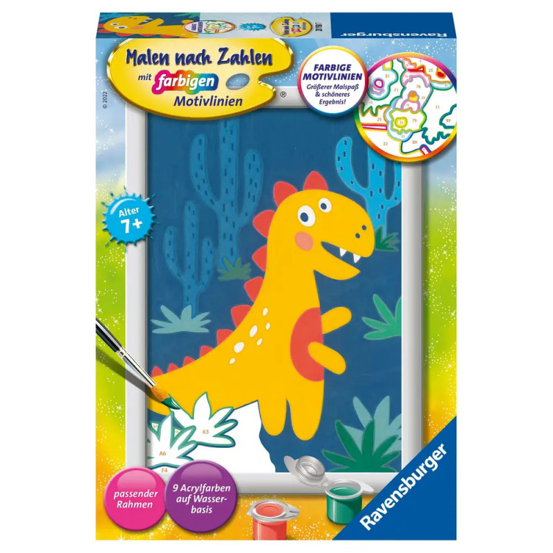 Malen-nach-Zahlen-Set mit gelbem Dinosaurier, Kaktushintergrund und abgebildeten Farbtöpfchen. Malen-nach-Zahlen-Set mit gelbem Dinosaurier, Kaktushintergrund und abgebildeten Farbtöpfchen.