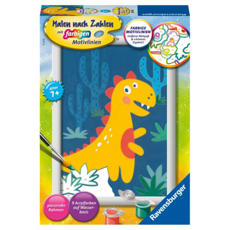 Malen-nach-Zahlen-Set mit gelbem Dinosaurier, Kaktushintergrund und abgebildeten Farbtöpfchen. Malen-nach-Zahlen-Set mit gelbem Dinosaurier, Kaktushintergrund und abgebildeten Farbtöpfchen.