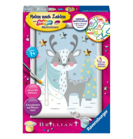 Rosa Ravensburger Malen-nach-Zahlen-Set mit Cartoon-Rentier, Pinsel und funkelnden Verzierungen auf dem Karton.