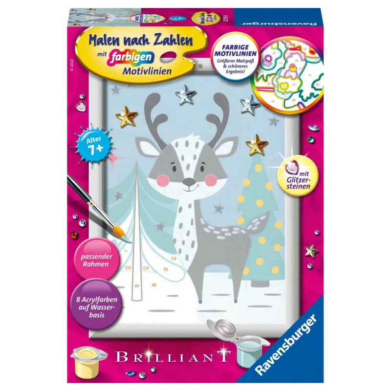 Rosa Ravensburger Malen-nach-Zahlen-Set mit Cartoon-Rentier, Pinsel und funkelnden Verzierungen auf dem Karton. Rosa Ravensburger Malen-nach-Zahlen-Set mit Cartoon-Rentier, Pinsel und funkelnden Verzierungen auf dem Karton.
