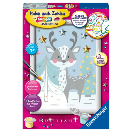 Rosa Ravensburger Malen-nach-Zahlen-Set mit Cartoon-Rentier, Pinsel und funkelnden Verzierungen auf dem Karton. Rosa Ravensburger Malen-nach-Zahlen-Set mit Cartoon-Rentier, Pinsel und funkelnden Verzierungen auf dem Karton.