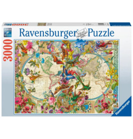 Ravensburger Puzzle mit 3000 Teilen: Vintage-Weltkarte, darauf bunte Blumen und Schmetterlinge.