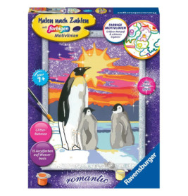 Malset-Box mit Pinguinen vor Sonnenuntergang, Pinseln, Glitzer und Ravensburger-Logo.