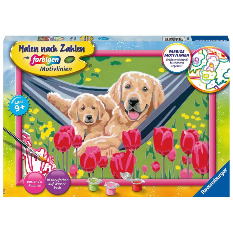 Malset-Box mit Motiv: Zwei Hunde in einer Hängematte, vorne rote Tulpen. Malset-Box mit Motiv: Zwei Hunde in einer Hängematte, vorne rote Tulpen.