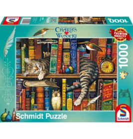 Schmidt-Puzzlebox mit 1000 Teilen: Eine schlafende Katze liegt zwischen bunten Büchern im Regal.