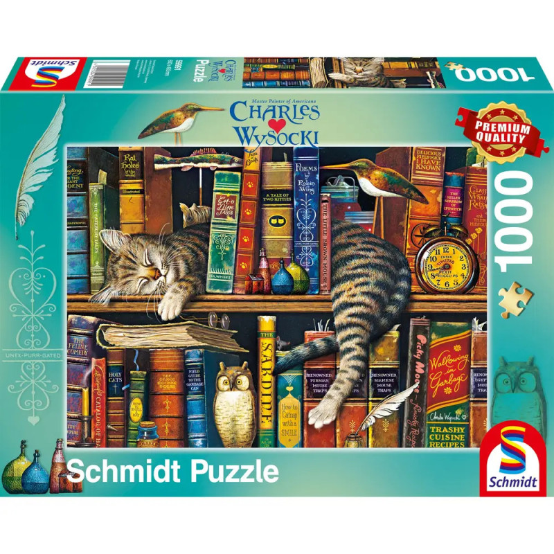 Schmidt-Puzzlebox mit 1000 Teilen: Eine schlafende Katze liegt zwischen bunten Büchern im Regal.