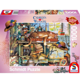 Puzzle-Schachtel mit Szene eines vollen Saatgutladens und einer schlafenden orangefarbenen Katze auf einem Regal.