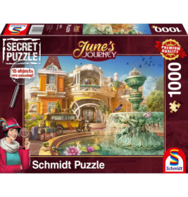 Schmidt-Puzzle Junes Journey, 1000 Teile, zeigt ein gelbes Herrenhaus, Springbrunnen und Oldtimer.
