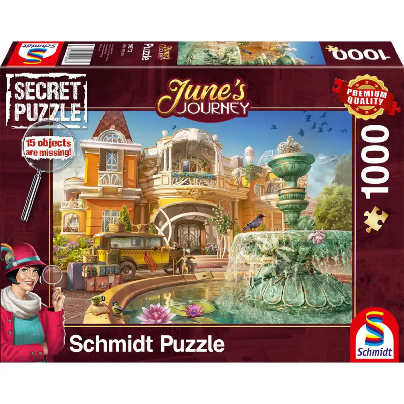 Schmidt-Puzzle Junes Journey, 1000 Teile, zeigt ein gelbes Herrenhaus, Springbrunnen und Oldtimer. Schmidt-Puzzle Junes Journey, 1000 Teile, zeigt ein gelbes Herrenhaus, Springbrunnen und Oldtimer.