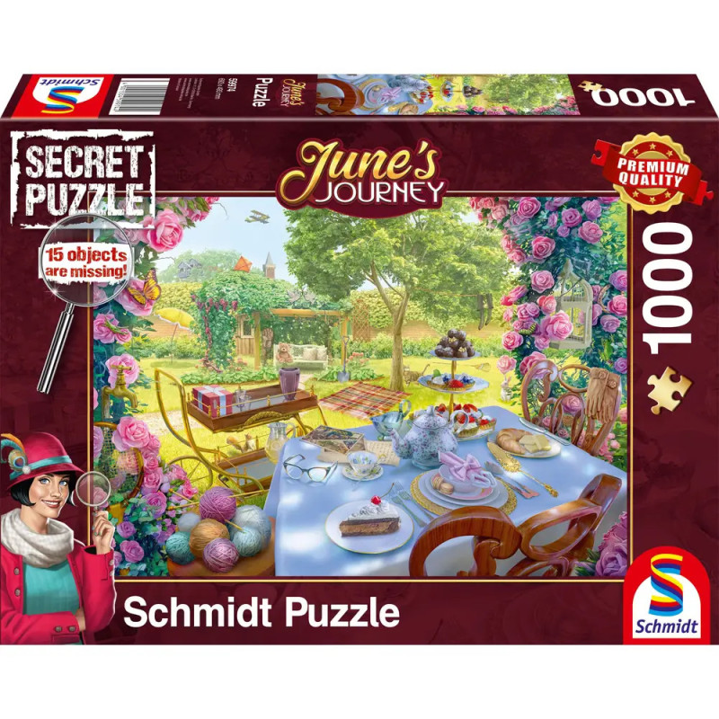 Schmidt Puzzle (1000 Teile) mit Gartenteeparty-Motiv sowie Junes Journey- und Secret Puzzle-Aufdruck. Schmidt Puzzle (1000 Teile) mit Gartenteeparty-Motiv sowie Junes Journey- und Secret Puzzle-Aufdruck.