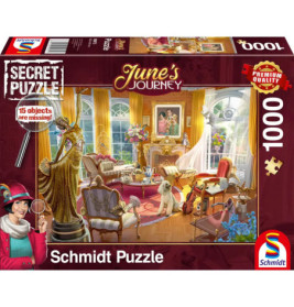 Schmidt Puzzlebox mit 1000 Teilen: Motiv ist ein elegantes Wohnzimmer aus Junes Journey mit versteckten Objekten.