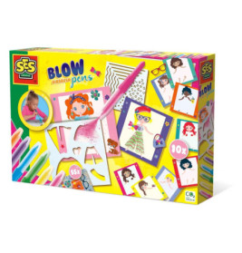 Bunte SES Creative Blow Pens-Box mit Mädchenzeichnungen, Bastelzubehör und Designvorlagen.
