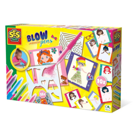 Bunte SES Creative Blow Pens-Box mit Mädchenzeichnungen, Bastelzubehör und Designvorlagen. Bunte SES Creative Blow Pens-Box mit Mädchenzeichnungen, Bastelzubehör und Designvorlagen.